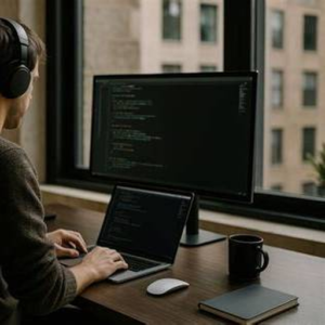 Developer at a desk with multiple screens for the Java Pro course